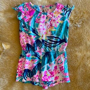 Lilly Pulitzer Little Girls’ Pink/Aqua/Navy Romper, Size XS (Toddler 2-3)